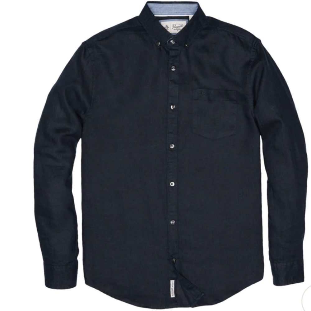NWT Original Penguin Men's Button Shirt XXL Slim Fit Washed Linen Dark Sapphire